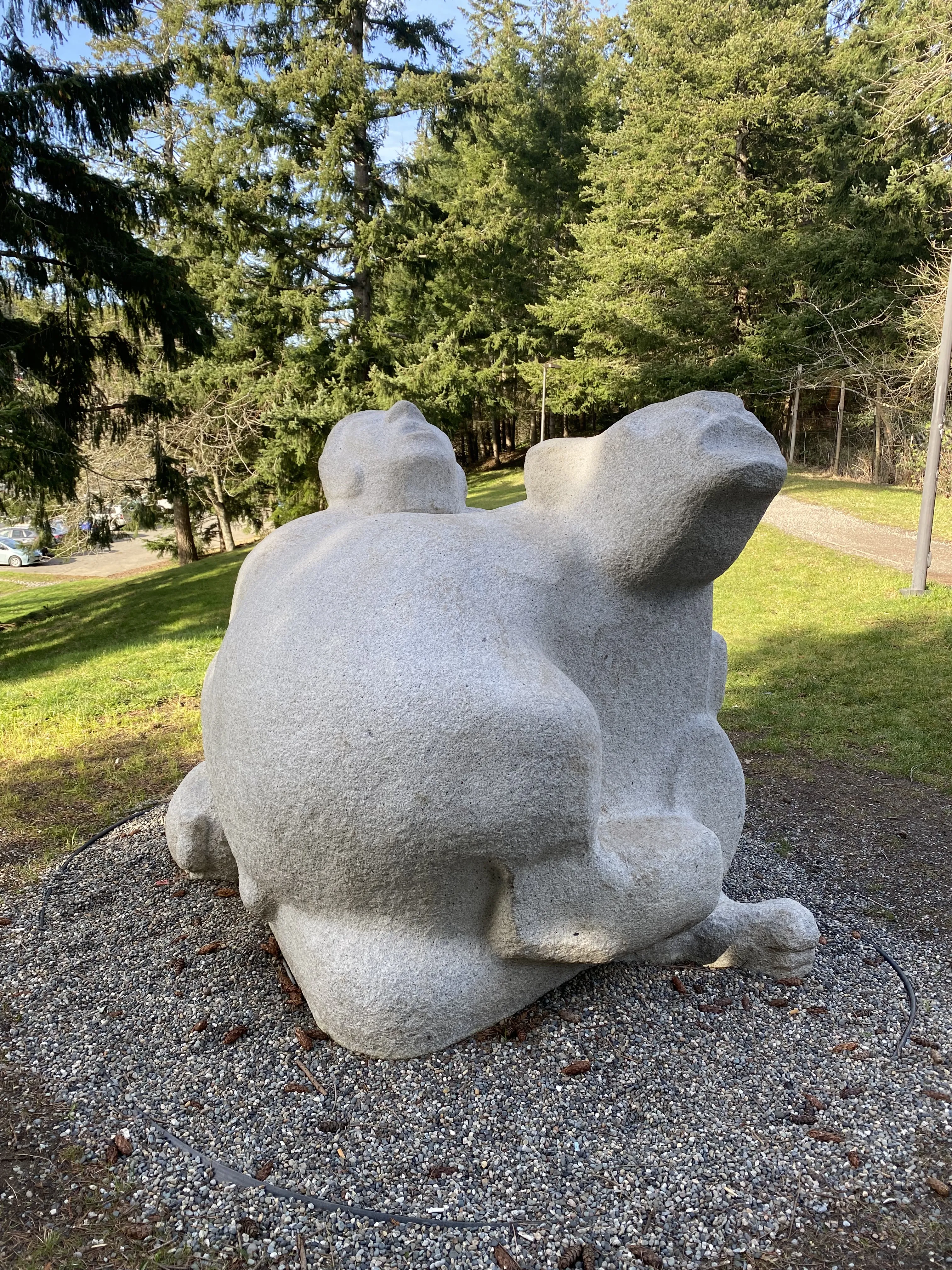 The Man Who Used to Hunt Cougars For Bounty, a white granite sculpture of a man and a cougar, in its place on the forested Fairhaven Ridge Trail on a sunny day.